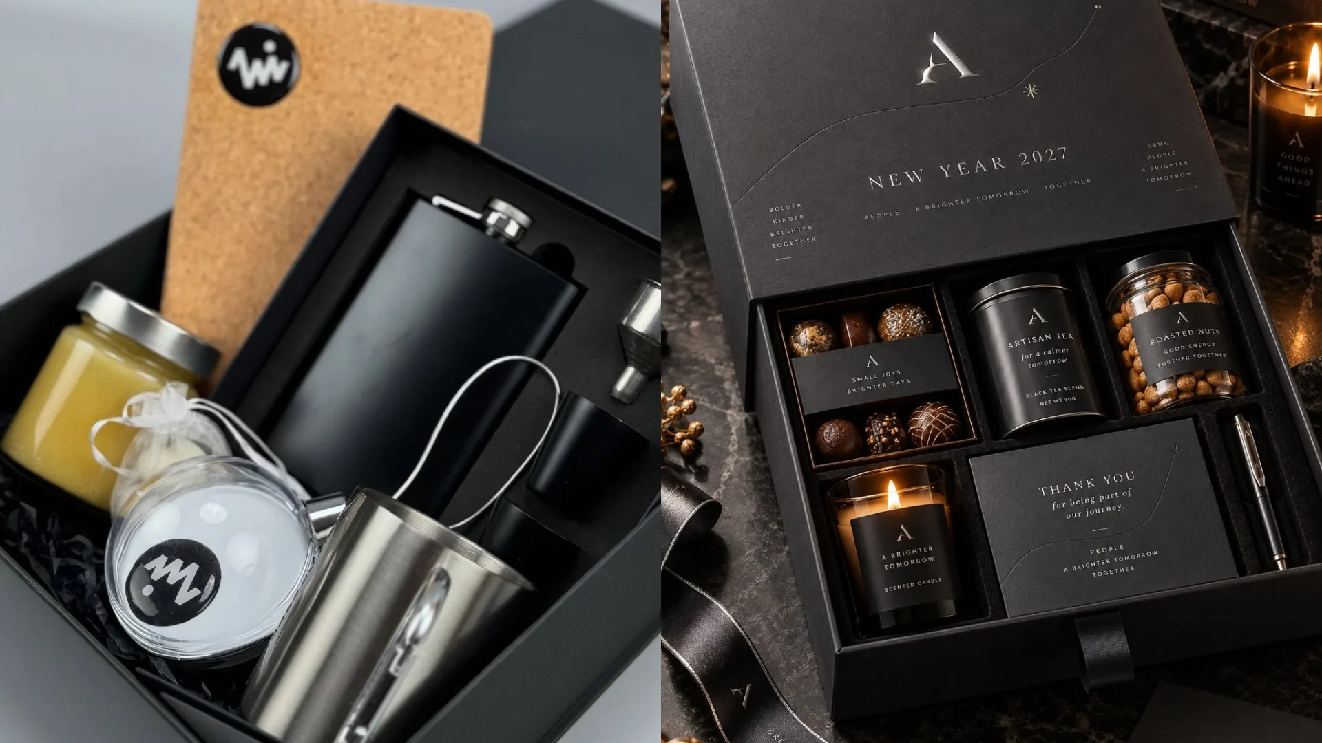 Custom corporate gift sets from China with personalized accessories, drinkware and holiday packaging