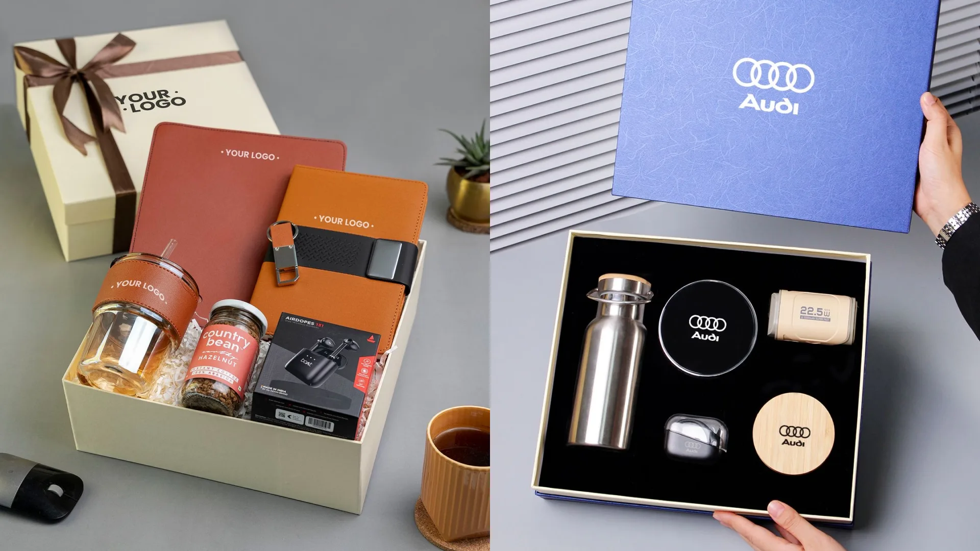 Branded corporate gift sets with insulated bottles, accessories and custom packaging