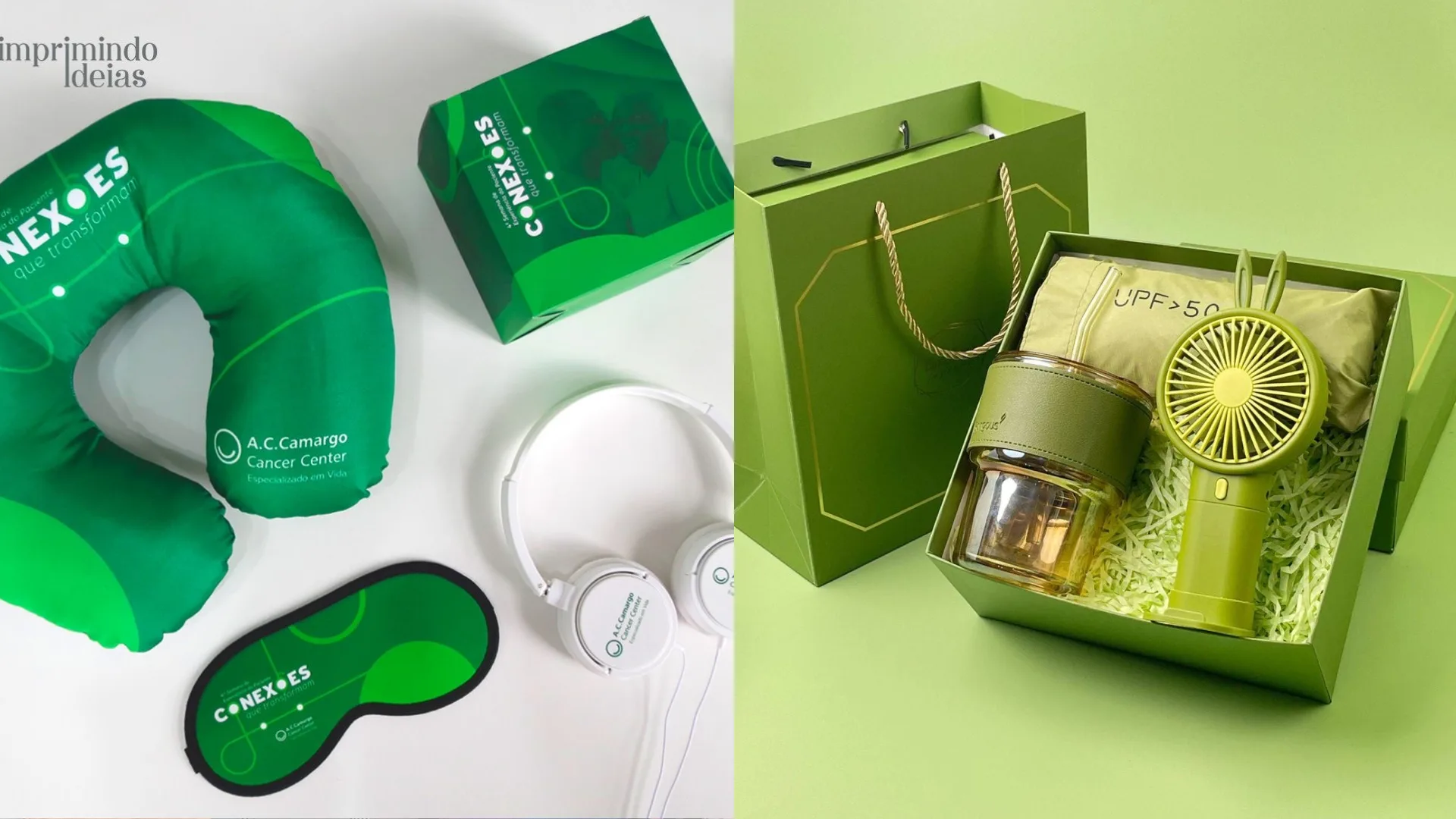 Corporate gift customization examples with branded accessories, gift boxes and brand colors