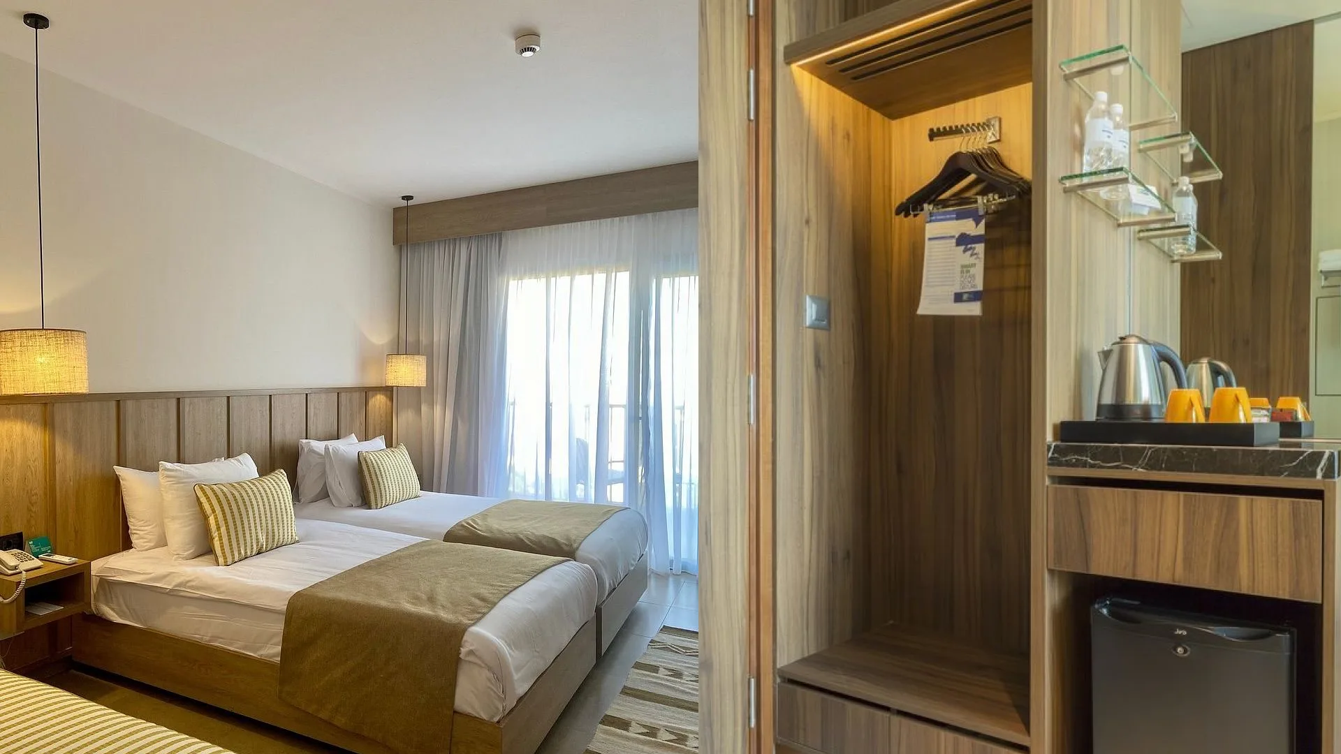 Hotelzimmerausstattung mit Betten, Möbeln und Zimmerausrüstung