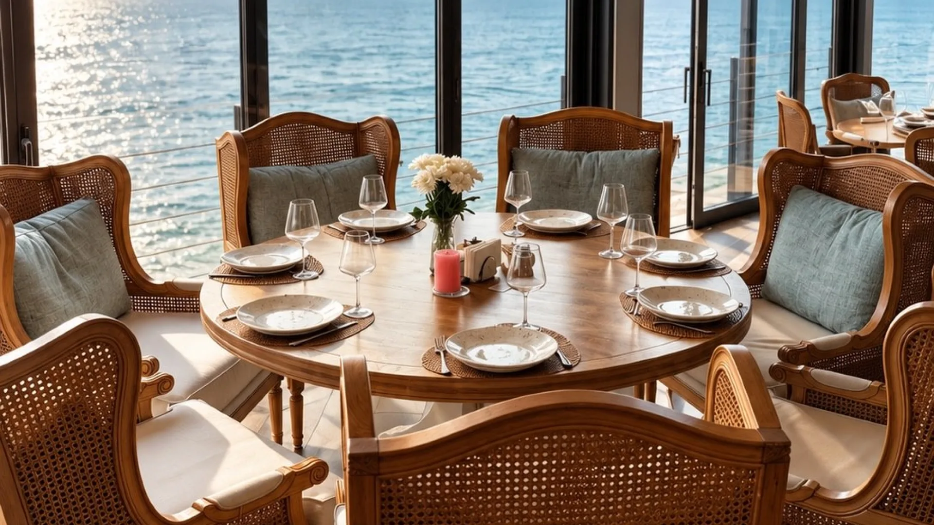 Set round dining table with commercial restaurant chairs beside panoramic windows