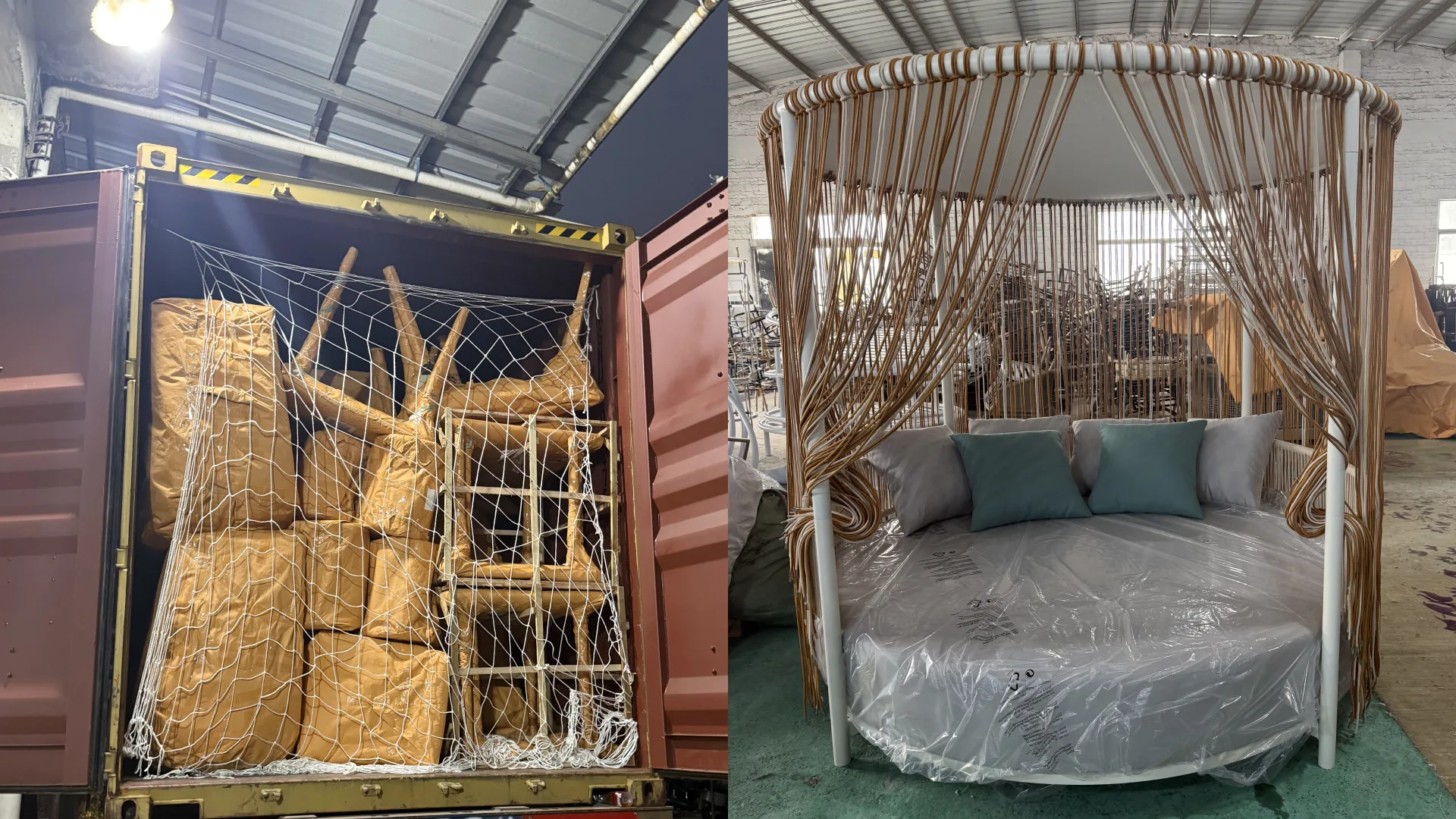 Hospitality furniture loaded in a container and a woven daybed at the factory