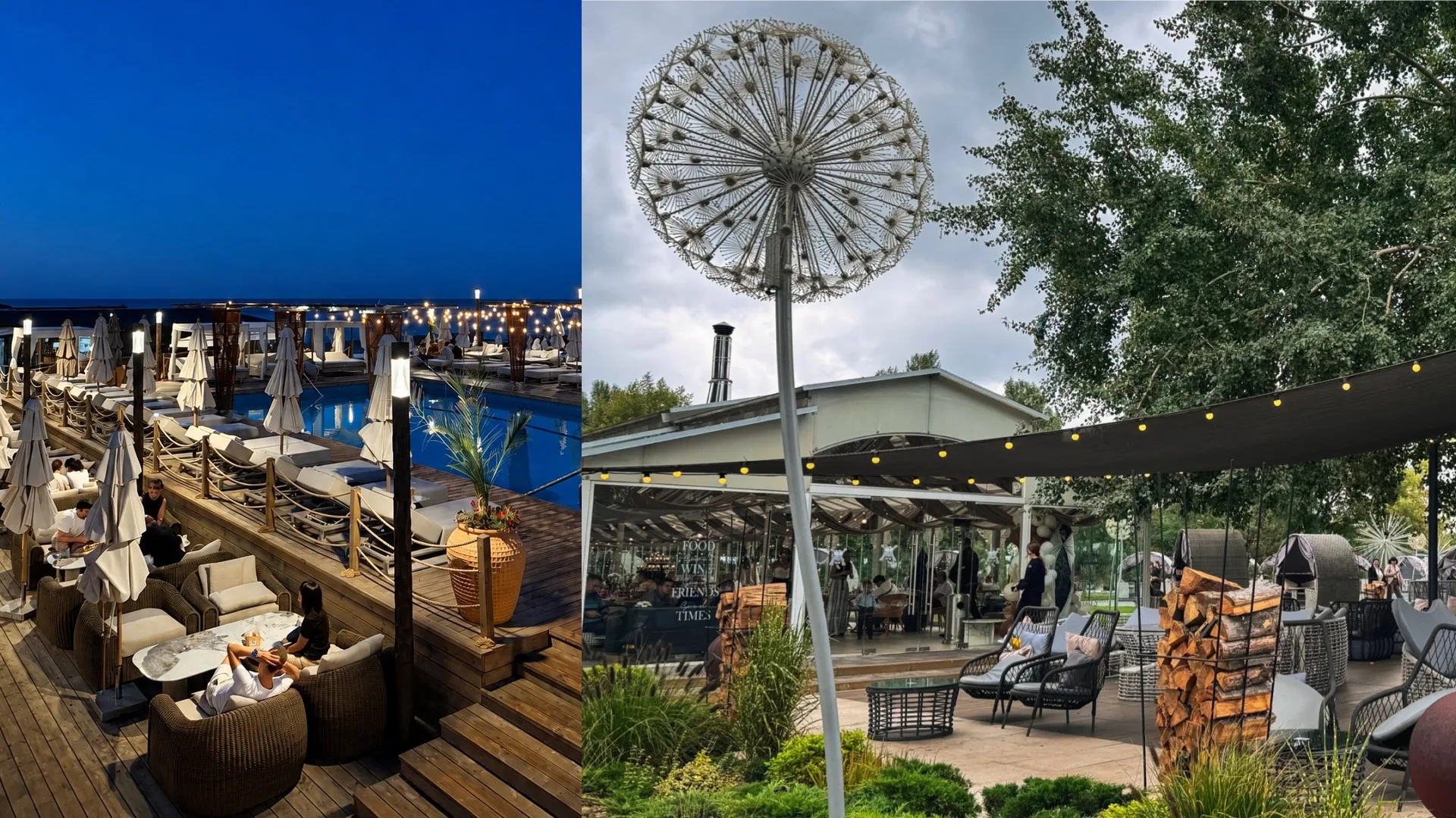 Examples of furnished outdoor restaurant and hospitality lounge spaces