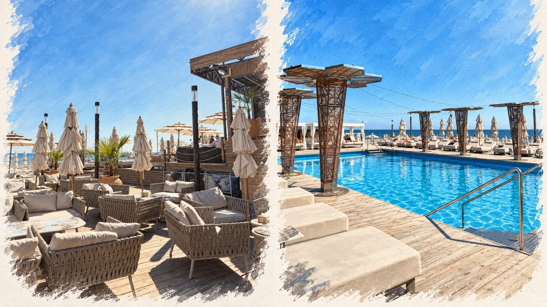 Outdoor resort furniture in a lounge area and beside a swimming pool