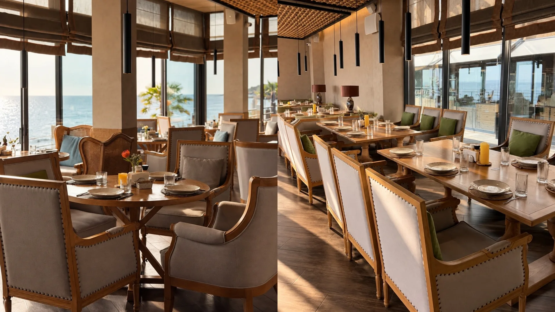 Restaurant interior with wooden tables and upholstered chairs overlooking the sea