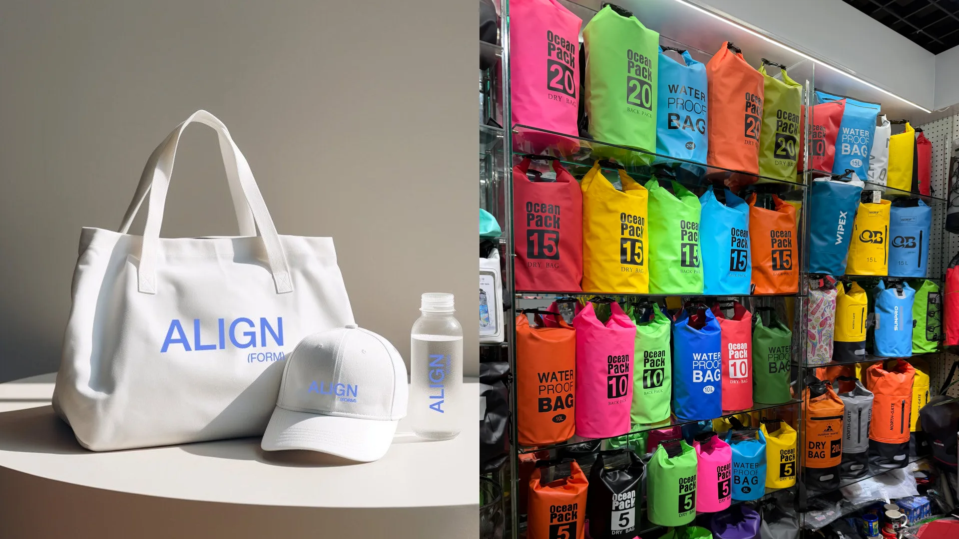Examples of customized bags and waterproof dry bags for branded merchandise