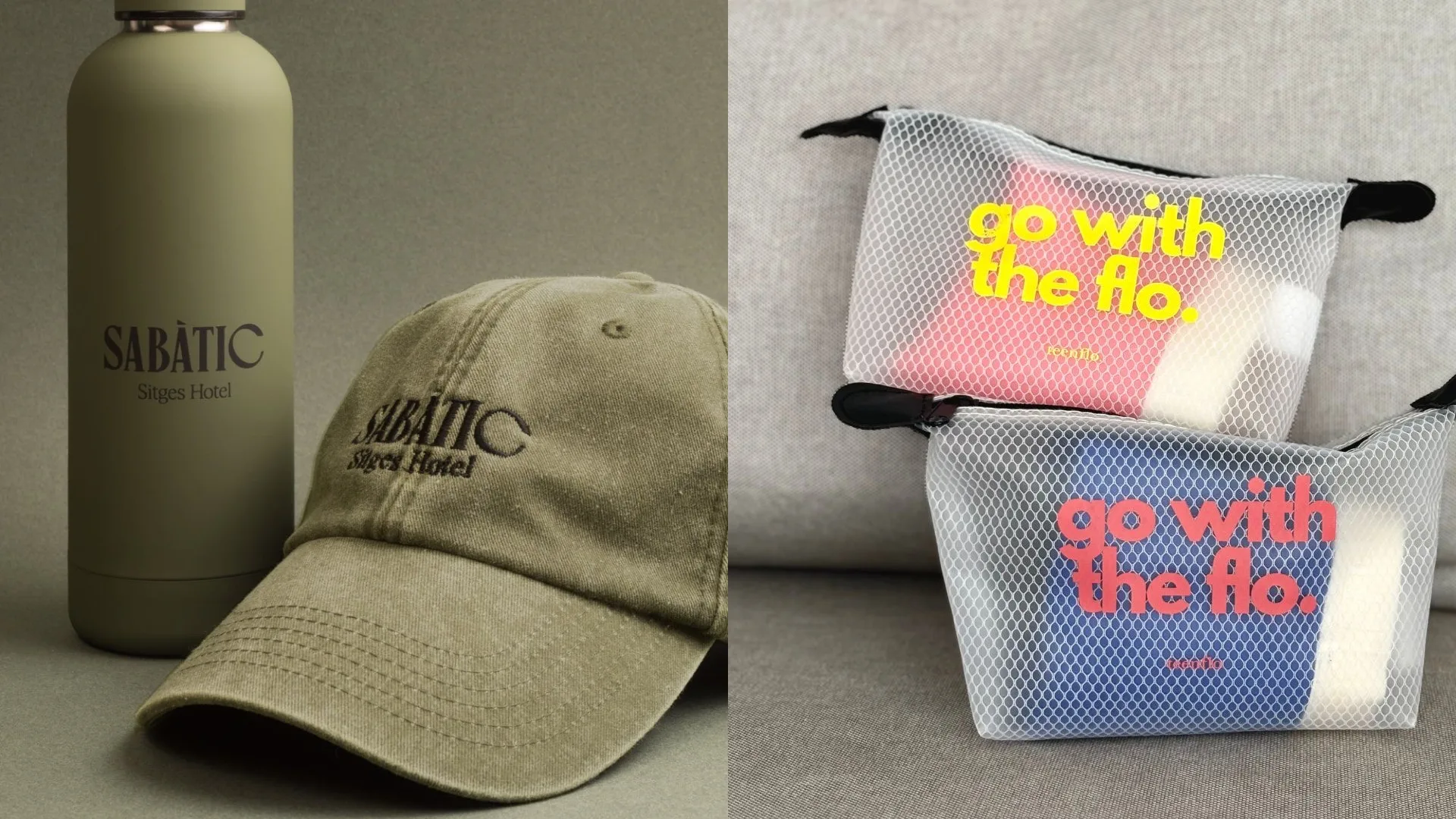 Branded bottles, caps and cosmetic bags as examples of useful merchandise