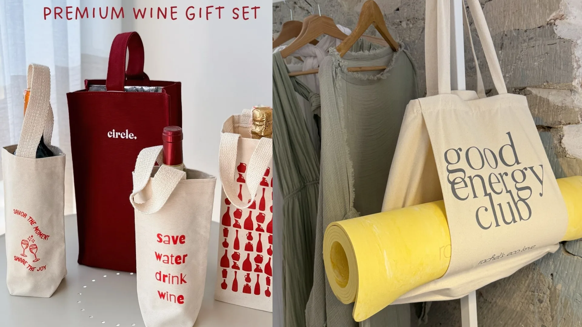 Branded wine bags and a tote designed to carry a yoga mat